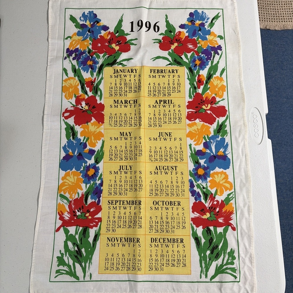 VINTAGE LINEN 1996 FLORAL KITCHEN CALENDAR TOWEL
